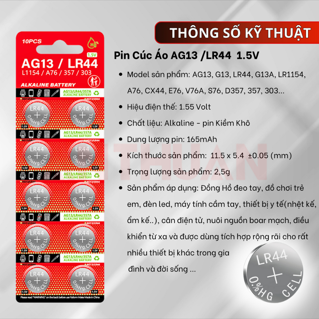 Vỉ 10 Pin cúc áo LR44 AG13 LR1130 AG10 LR41 AG3 LR54 Chất Lượng Cao - Giá Gốc - Số Lượng Lớn
