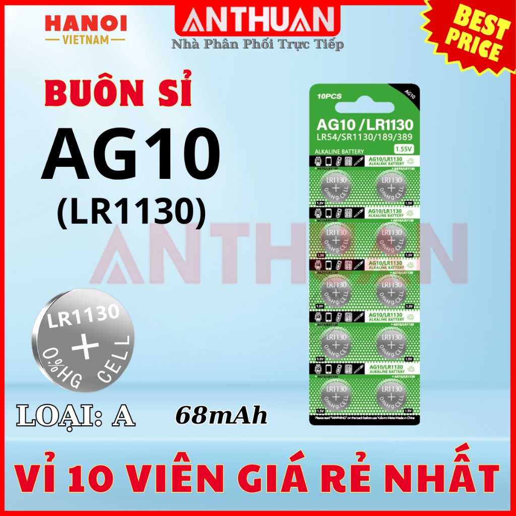 Pin Cúc Áo AG10 G10 LR1130 G10A LR54 SR1130 E10 D10 189 389 Chất Lượng Cao - Giá Gốc - Số Lượng Lớn