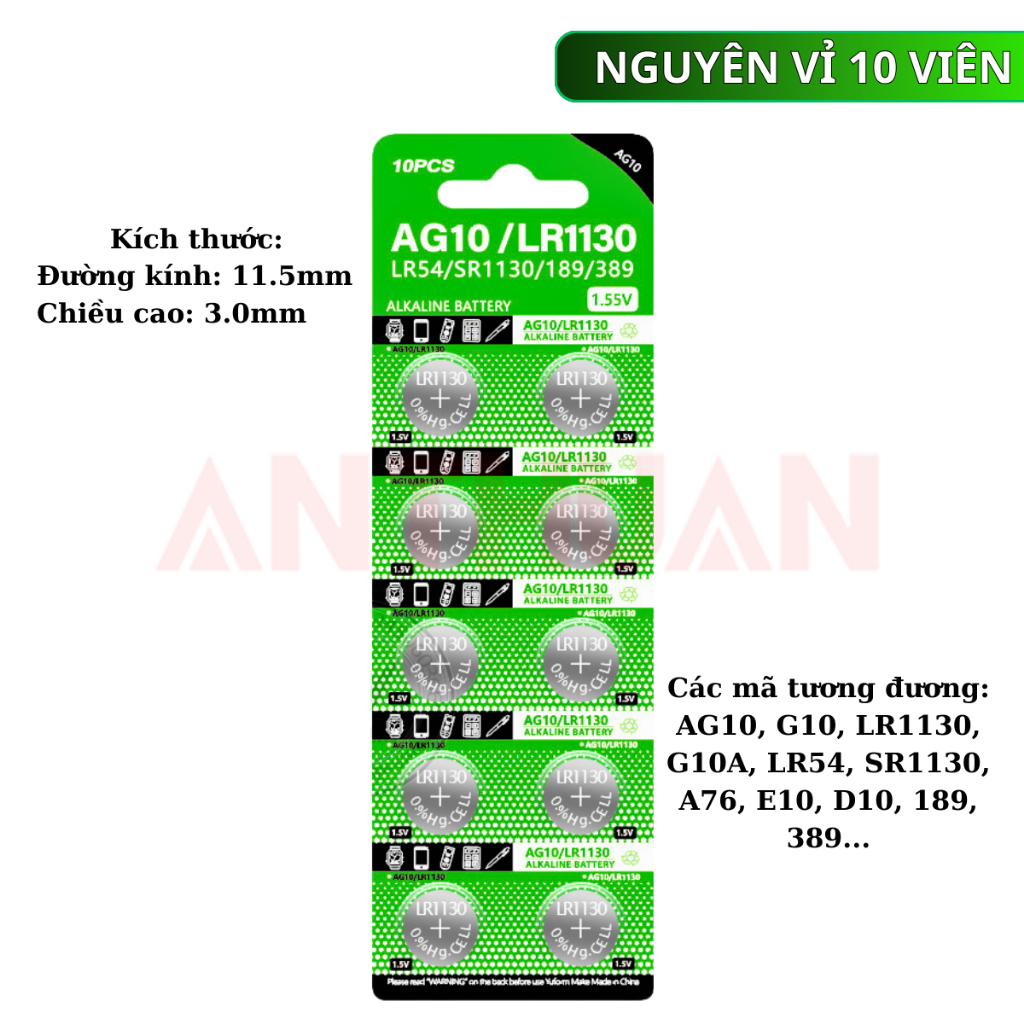 Pin Cúc Áo AG10 G10 LR1130 G10A LR54 SR1130 E10 D10 189 389 Chất Lượng Cao - Giá Gốc - Số Lượng Lớn