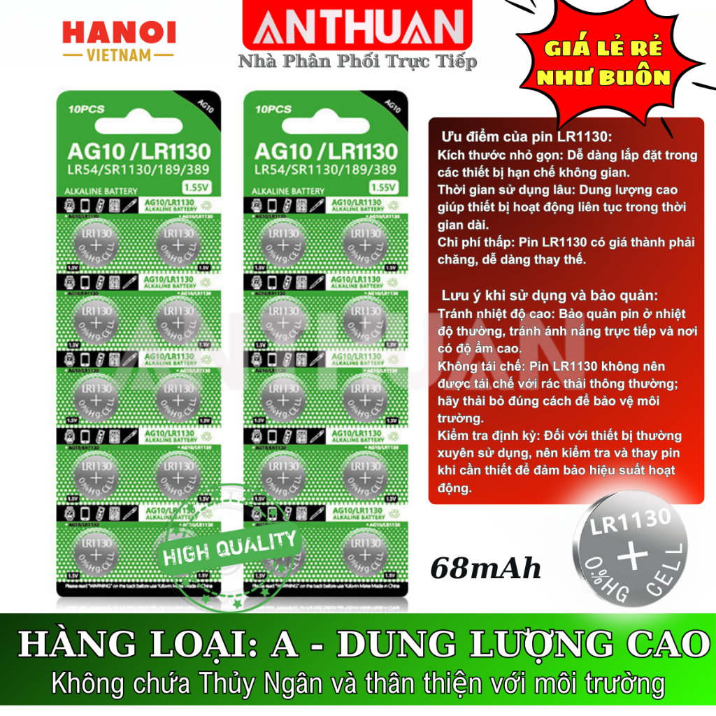 Pin Cúc Áo AG10 G10 LR1130 G10A LR54 SR1130 E10 D10 189 389 Chất Lượng Cao - Giá Gốc - Số Lượng Lớn