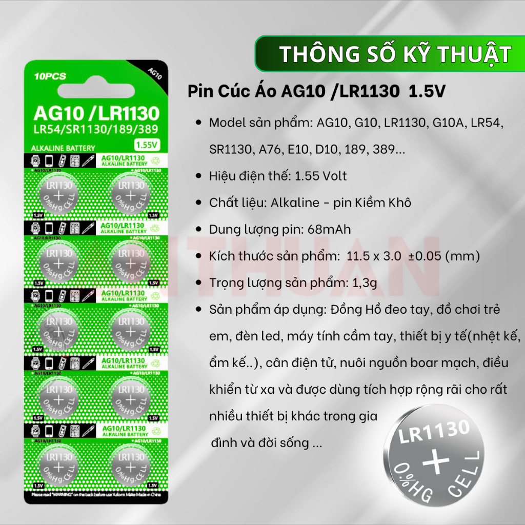 Pin Cúc Áo AG10 G10 LR1130 G10A LR54 SR1130 E10 D10 189 389 Chất Lượng Cao - Giá Gốc - Số Lượng Lớn