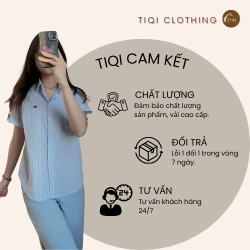 Áo Sơ Mi Nữ Kẻ Sọc Tay Ngắn Thêu Hình Xinh Xắn Chất Liệu Cotton Đũi Mềm Nhẹ Mát
