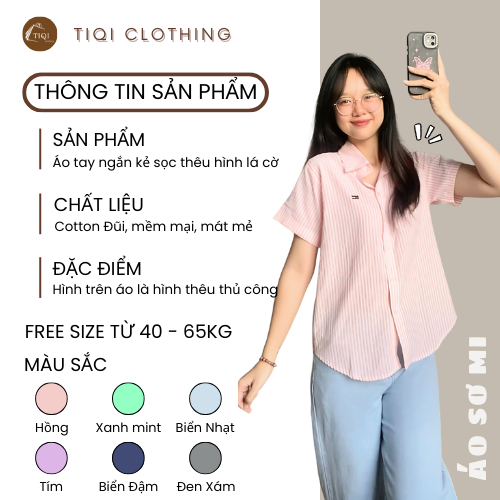 Áo Sơ Mi Nữ Kẻ Sọc Tay Ngắn Thêu Hình Xinh Xắn Chất Liệu Cotton Đũi Mềm Nhẹ Mát
