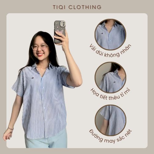 Áo Sơ Mi Nữ Kẻ Sọc Tay Ngắn Thêu Hình Xinh Xắn Chất Liệu Cotton Đũi Mềm Nhẹ Mát