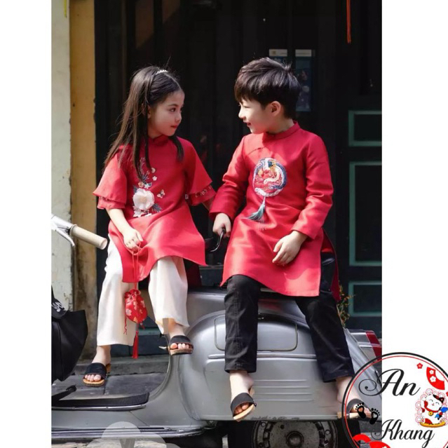 Áo Dài Cách Tân - ÁO DÀI CẶP ĐÔI TAFTA HOA THÊU Bé Trai Bé Gái Từ 1-8 Tuổi [AnKhang88]