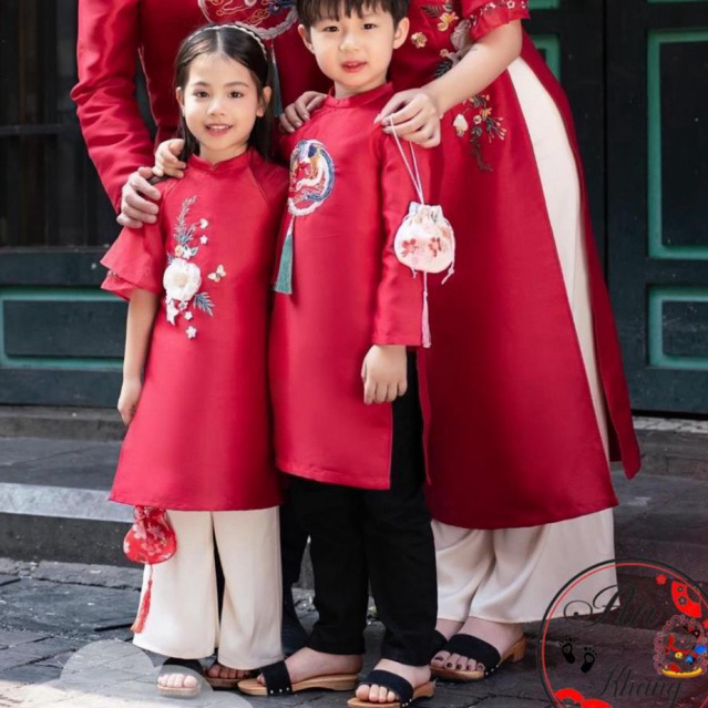 Áo Dài Cách Tân - ÁO DÀI CẶP ĐÔI TAFTA HOA THÊU Bé Trai Bé Gái Từ 1-8 Tuổi [AnKhang88]