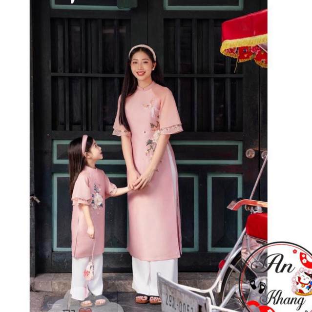 Áo Dài Cách Tân - ÁO DÀI CẶP ĐÔI TAFTA HOA THÊU Bé Trai Bé Gái Từ 1-8 Tuổi [AnKhang88]