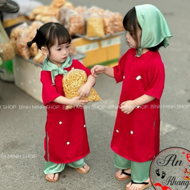 Áo dài hoa nhíi kèm khăn trùm cho bé gái từ 8-28kg