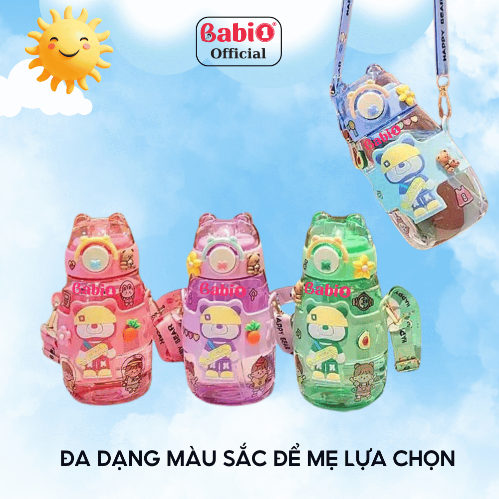 Bình Nước Babi1 Cho Bé Đi Học Có Ống Hút & Quai Đeo Nhựa PP, Silicon Siêu Bền 600ml