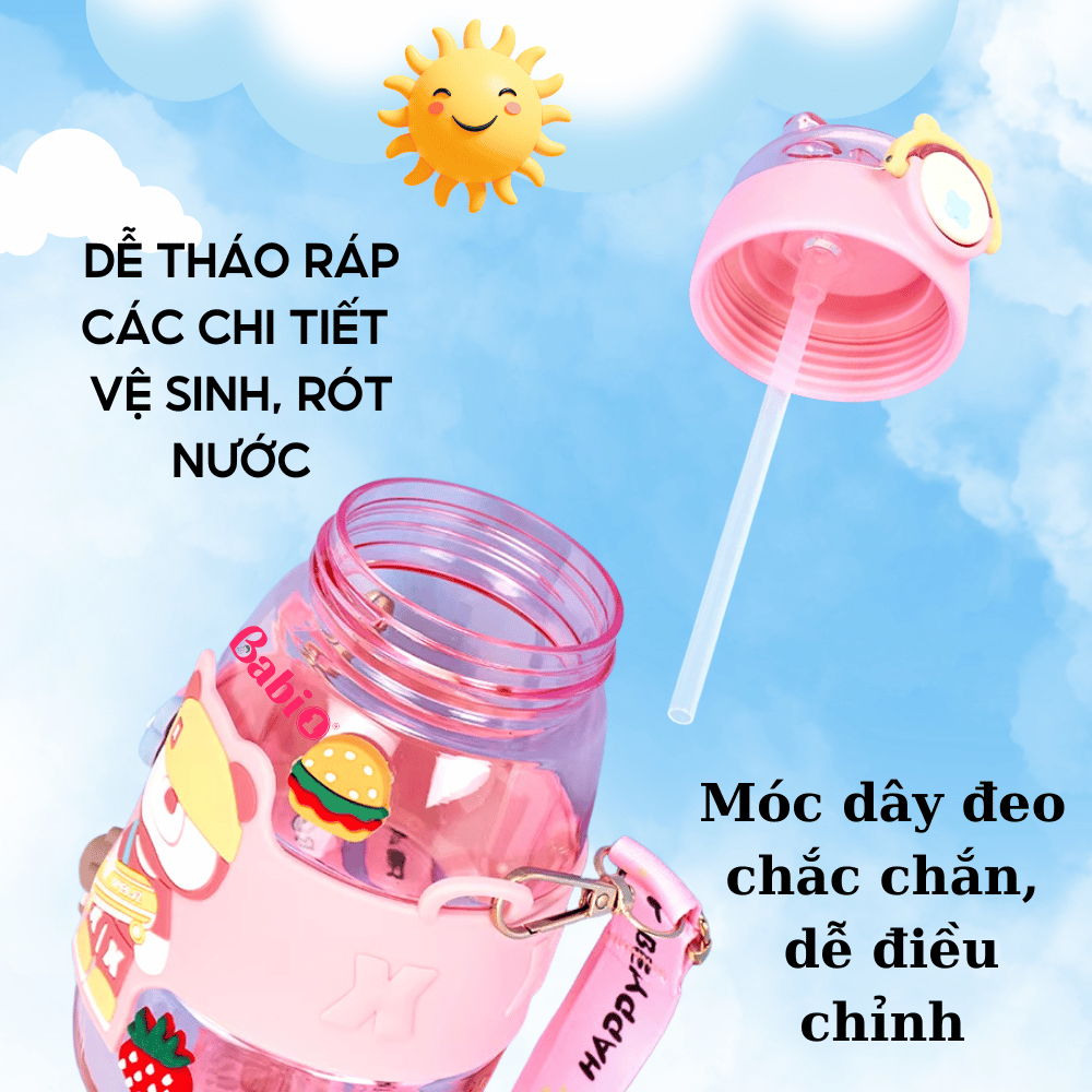 Bình Nước Babi1 Cho Bé Đi Học Có Ống Hút & Quai Đeo Nhựa PP, Silicon Siêu Bền 600ml
