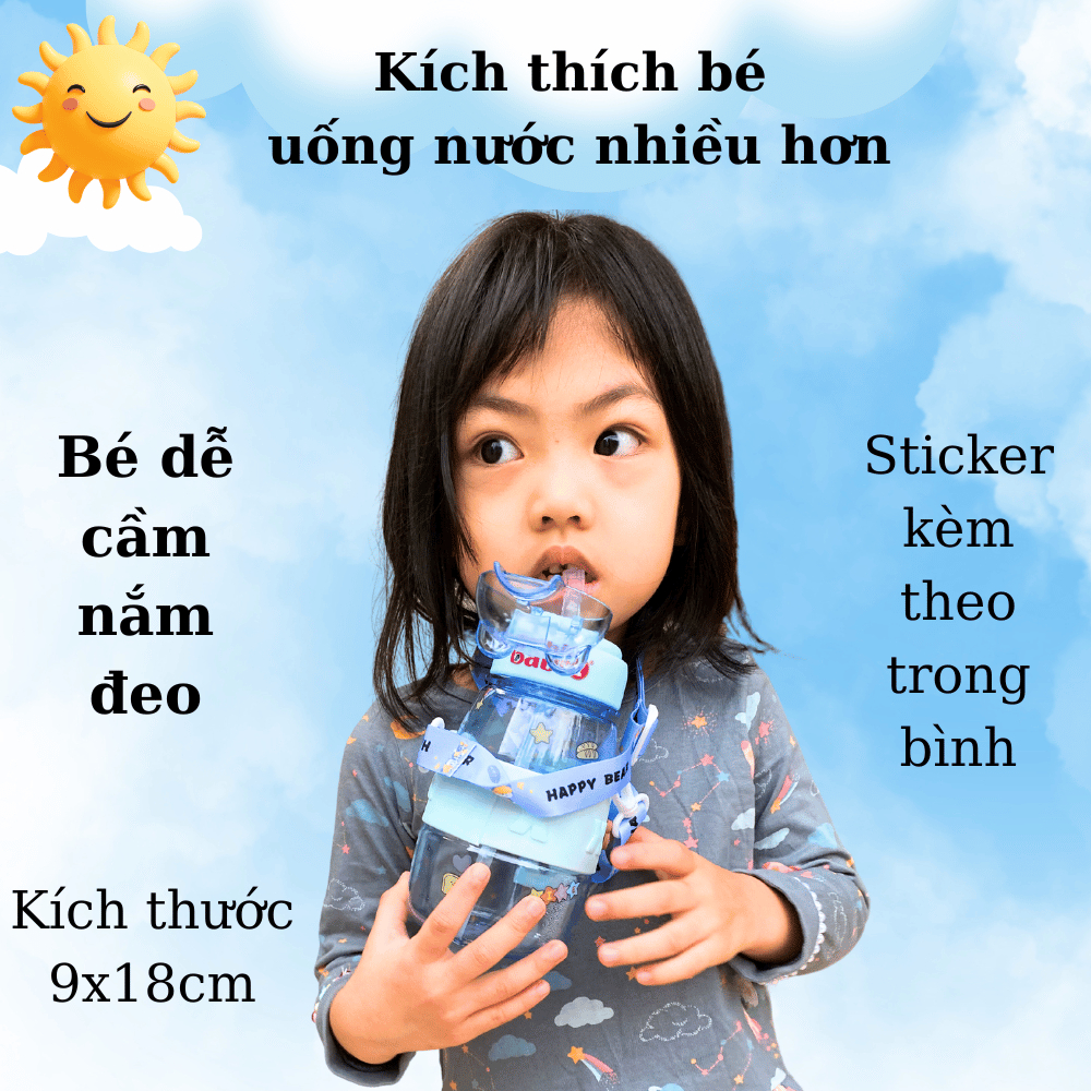 Bình Nước Babi1 Cho Bé Đi Học Có Ống Hút & Quai Đeo Nhựa PP, Silicon Siêu Bền 600ml