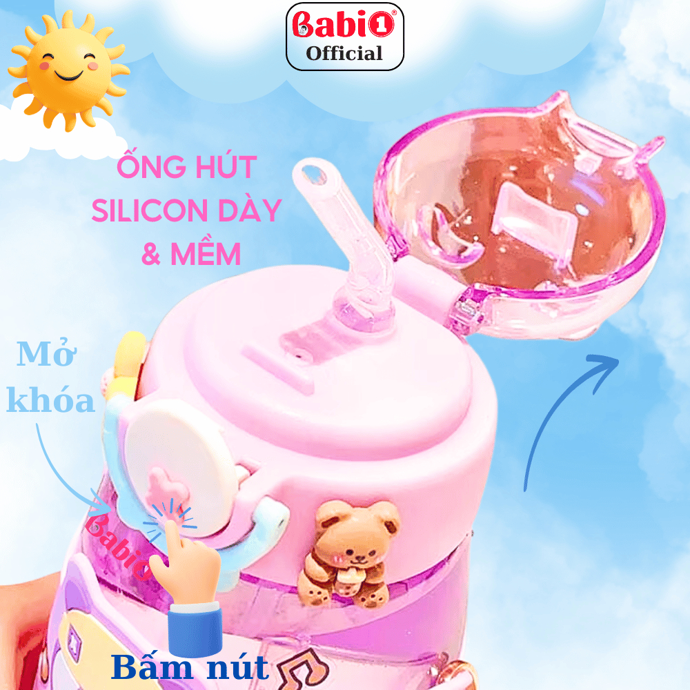 Bình Nước Babi1 Cho Bé Đi Học Có Ống Hút & Quai Đeo Nhựa PP, Silicon Siêu Bền 600ml