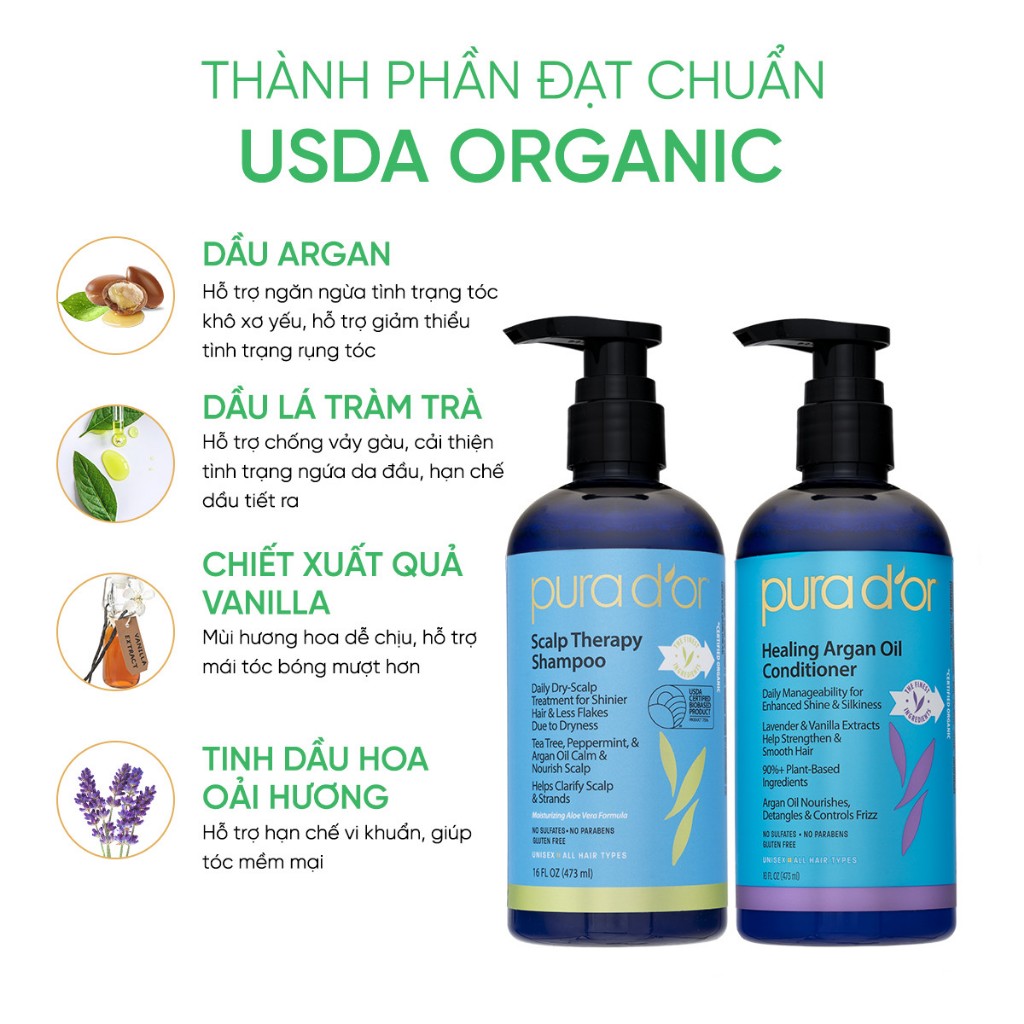 Ảnh Combo Dầu Gội Dầu Xả Hữu Cơ Hỗ Trợ Giảm Gàu, Hỗ Trợ Kiềm Dầu Pura Dor Scalp Therapy & Healing Argan Oil 473ML 3