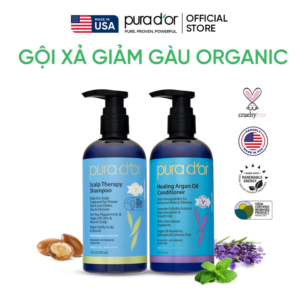 Ảnh Combo Dầu Gội Dầu Xả Hữu Cơ Hỗ Trợ Giảm Gàu, Hỗ Trợ Kiềm Dầu Pura Dor Scalp Therapy & Healing Argan Oil 473ML 1