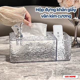 Hộp đựng khăn giấy vân kim cương trong suốt kèm khay đựng đồ để bàn họa tiết thỏ sang trọng