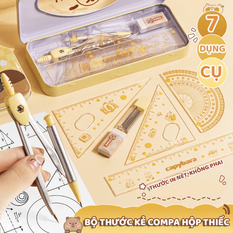 Bộ Đồ Dùng Học Tập 7 Món Hộp Thiếc Chuột Nước  Dễ Thương, Bộ Thước Kẻ Compa Học Tập Cho Bé