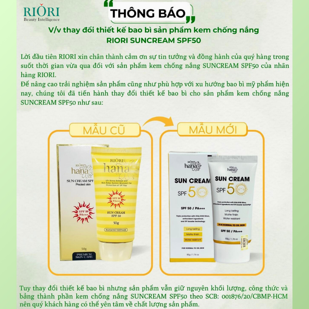 Ảnh Kem Chống Nắng Dưỡng Da RIORI HANA SUNCREAM SPF 50, 50G 4