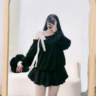 Áo Sweater Bigsize Nữ (KHÔNG KÈM VÁY) Kiểu Trễ Vai Tay Dài Phối Nơ Ren Một Bên Vải Thun Ruby Cao Cấp G176