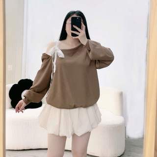 Áo Sweater Bigsize Nữ (KHÔNG KÈM VÁY) Kiểu Trễ Vai Tay Dài Phối Nơ Ren Một Bên Vải Thun Ruby Cao Cấp G176