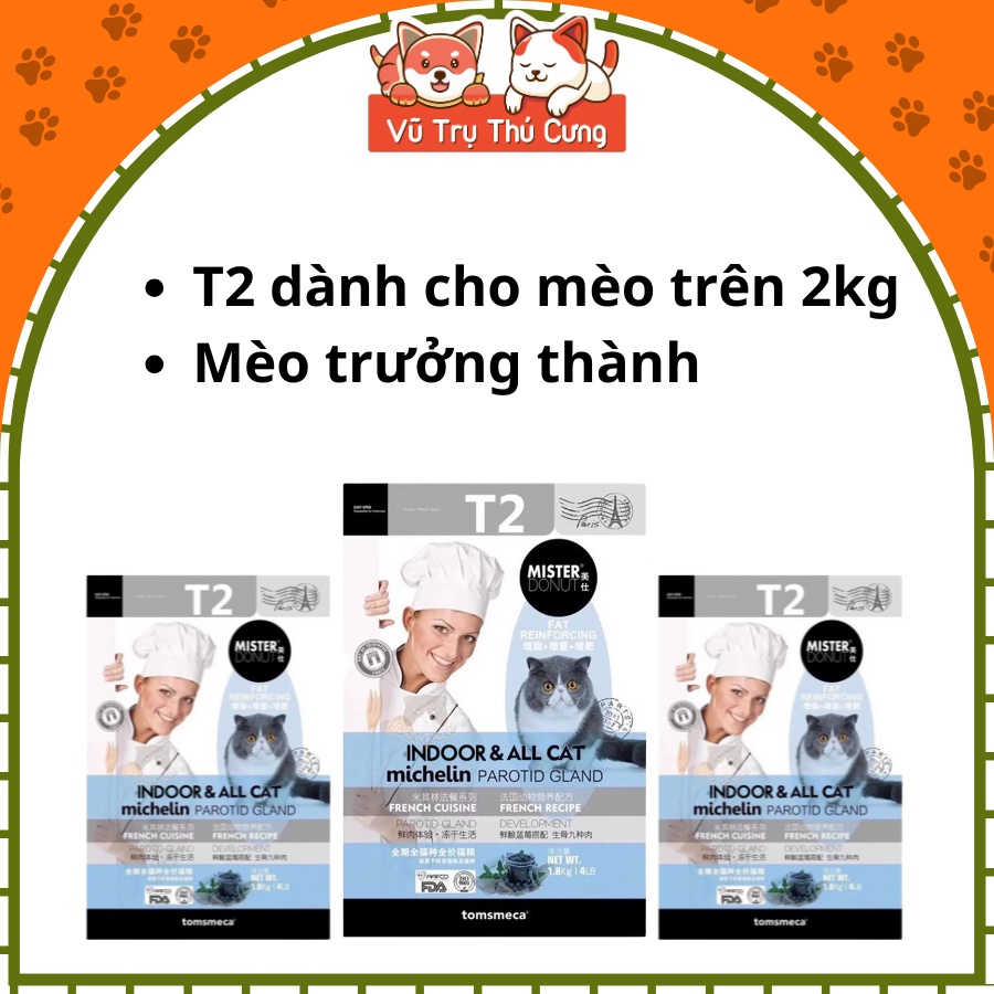 (9Kg) Thức Ăn Hạt Mister Donut T1 và T2 Dành Cho Mèo con, Mèo Trưởng Thành
