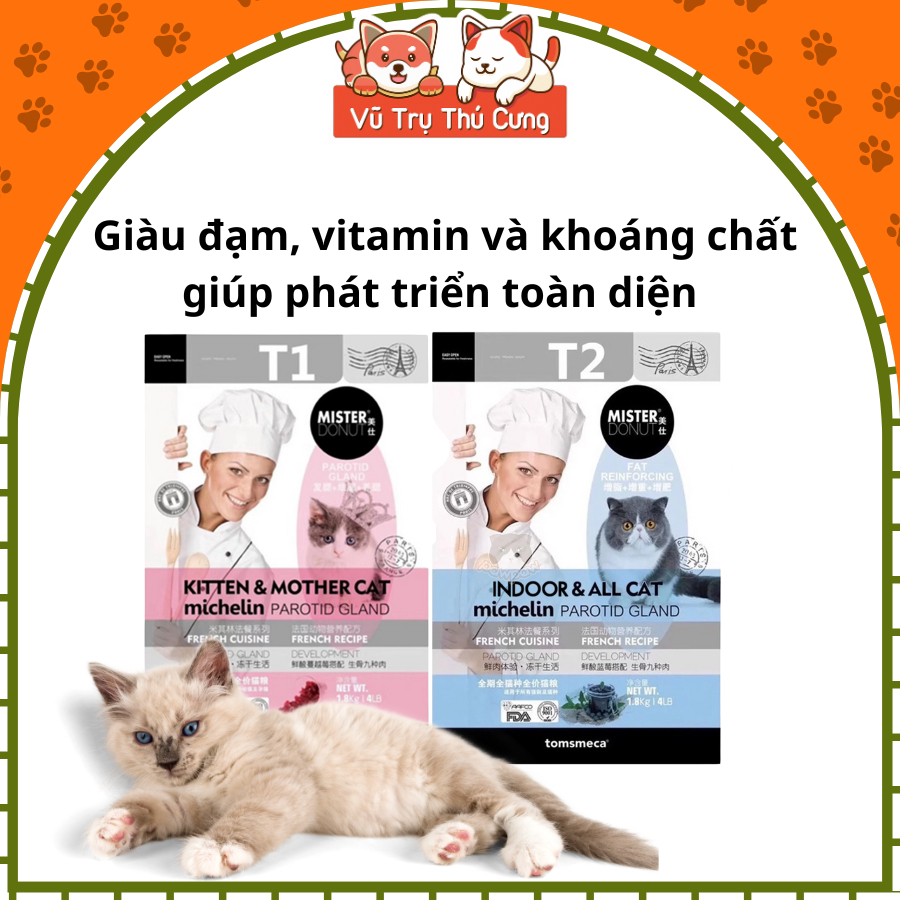 (9Kg) Thức Ăn Hạt Mister Donut T1 và T2 Dành Cho Mèo con, Mèo Trưởng Thành