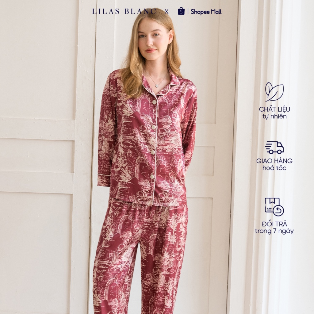 Bộ Pyjamas Nữ Mặc Nhà Quần Dài Áo Dài Chất Liệu Lụa In Hoa Tiết Paris ...