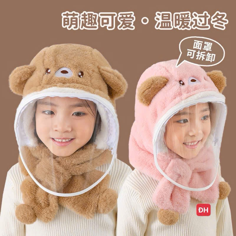 Mũ Len Lông Cừu Trùm Đầu Có Kính Chắn Gió Giữ Ấm Có Thể Tháo Rời, Nón Len Cho Bé Kèm Mặt Nạ Chống Gió Bụi