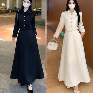 Set dạ đồ lẻ áo cổ bẻ dài tay khuy cài  và chân váy chữ A dáng dài chất dạ 2 lớp phong cách tiểu thư thanh lịch Minstore