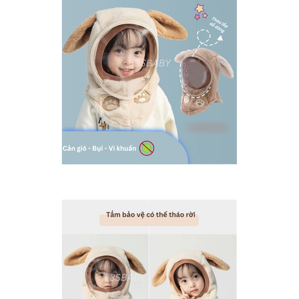 Mũ Chống Gió Len Lông Cừu Mềm Mịn Trùm Đầu Kèm Kính Chống Bụi, Giọt Bắn Cho Bé Chất Liệu Kính Mica HIQ01 - 3SBABY