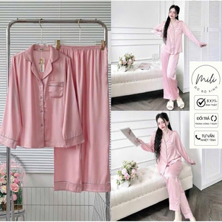 Đồ Bộ Pijama, TAY DÀI MÀU TRƠN, Đồ Ngủ Nữ, Đồ Ngủ Xinh. Quần Dài Có Túi. Vải Lụa Latin Cao Cấp.