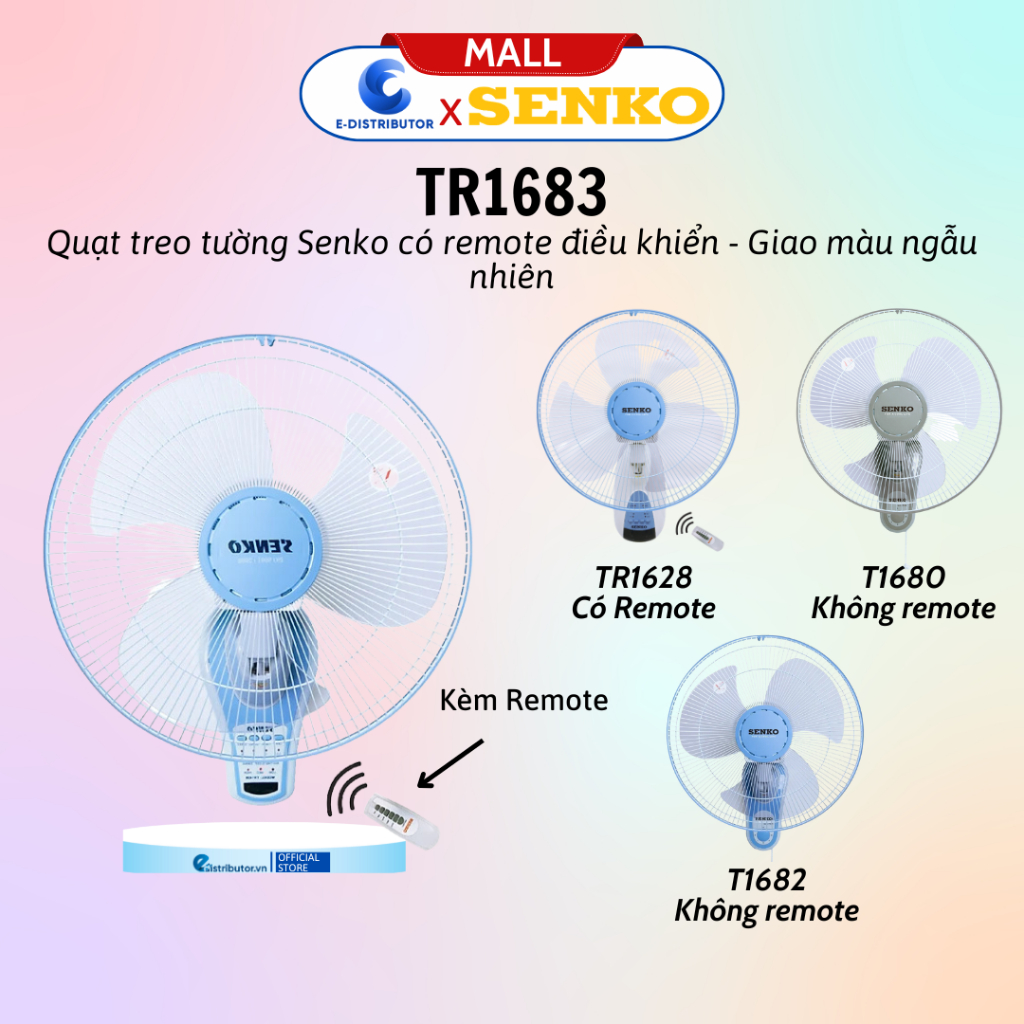 Product image Quạt treo tường SENKO TR1628/TR1683 có Remote - T1680/T1682 1 dây KHÔNG remote - Giao màu ngẫu nhiên 1
