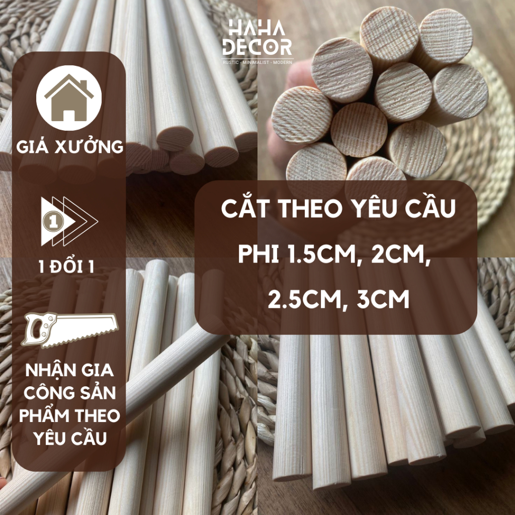 (CẮT THEO YÊU CẦU) Thanh gỗ thông tròn treo rèm làm handmade phi 1.5cm ...