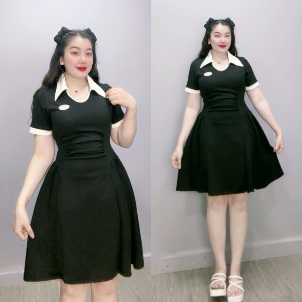 Ảnh Đầm Bigsize Nữ Dáng Polo Công Sở Tay Ngắn Nhún Eo Che Bụng Phối Viền Trắng Váy A Xòe Nhẹ 2