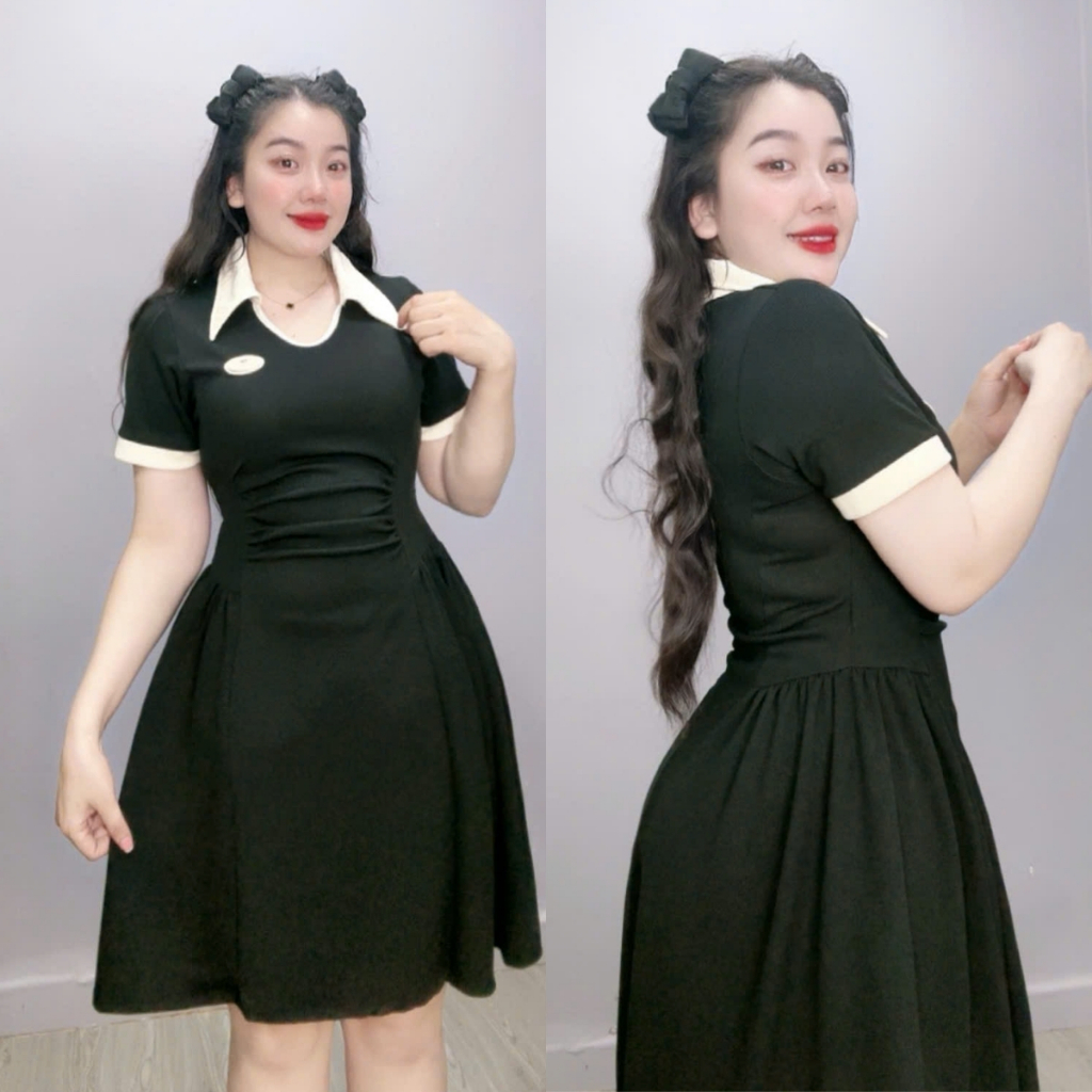 Ảnh Đầm Bigsize Nữ Dáng Polo Công Sở Tay Ngắn Nhún Eo Che Bụng Phối Viền Trắng Váy A Xòe Nhẹ 1