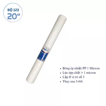 Lõi số 3 PP 1 Micron bán công nghiệp 20 inch bông ép vằn dùng cho máy BCN Karofi và lọc xử lý nước đầu nguồn