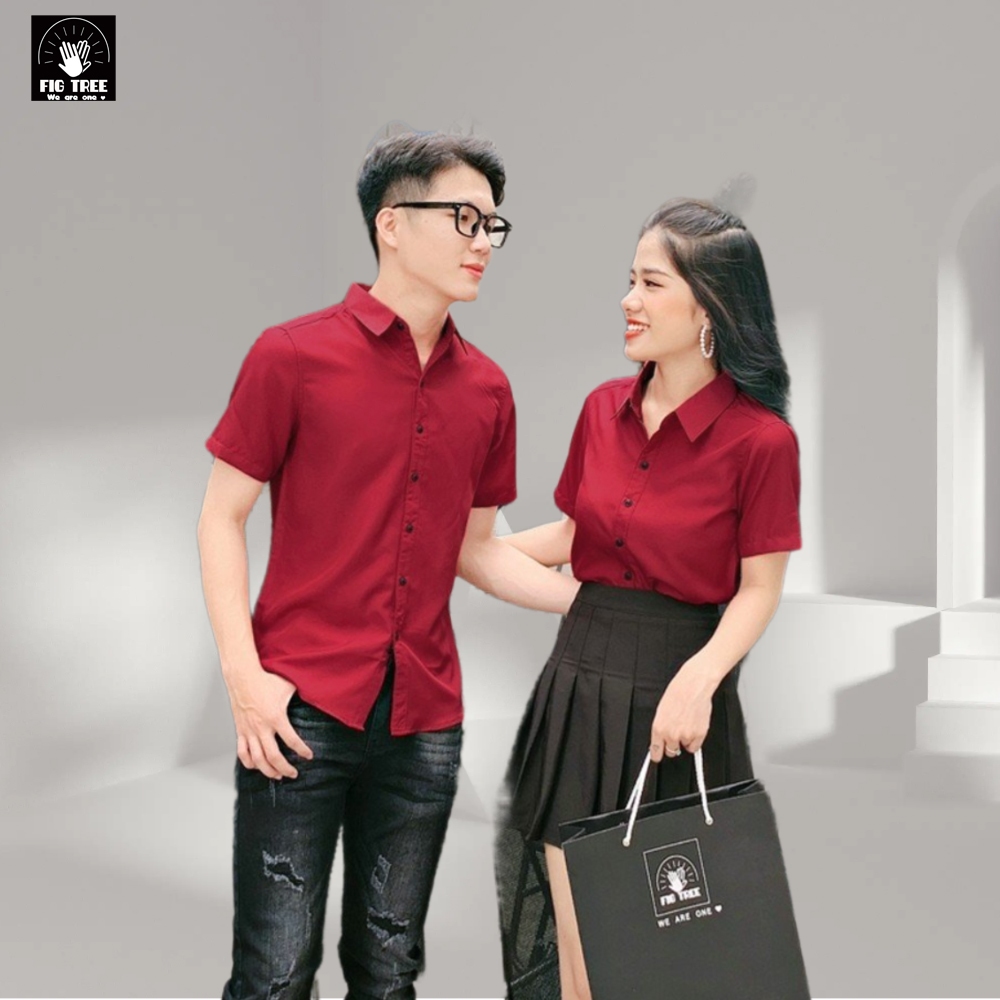 Áo Sơ Mi Đôi Nam Nữ FIG TREE Sơ Mi TAY NGẮN Màu Đỏ Đô Thanh Lịch, Chất Cotton Trơn, Size 40-110kg