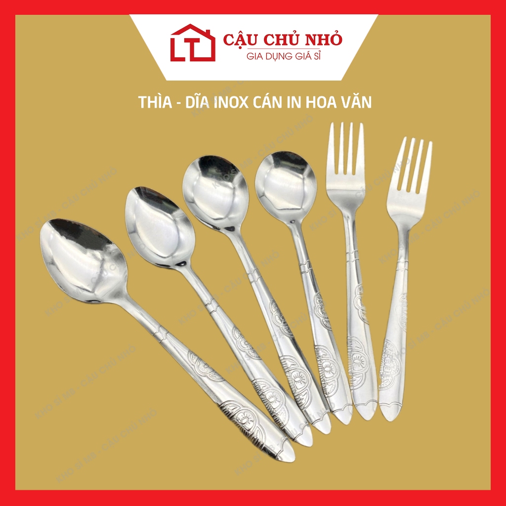 SET 5 thìa inox, muỗng inox ăn cơm, cán in hoa văn, dĩa inox ăn hoa quả ...