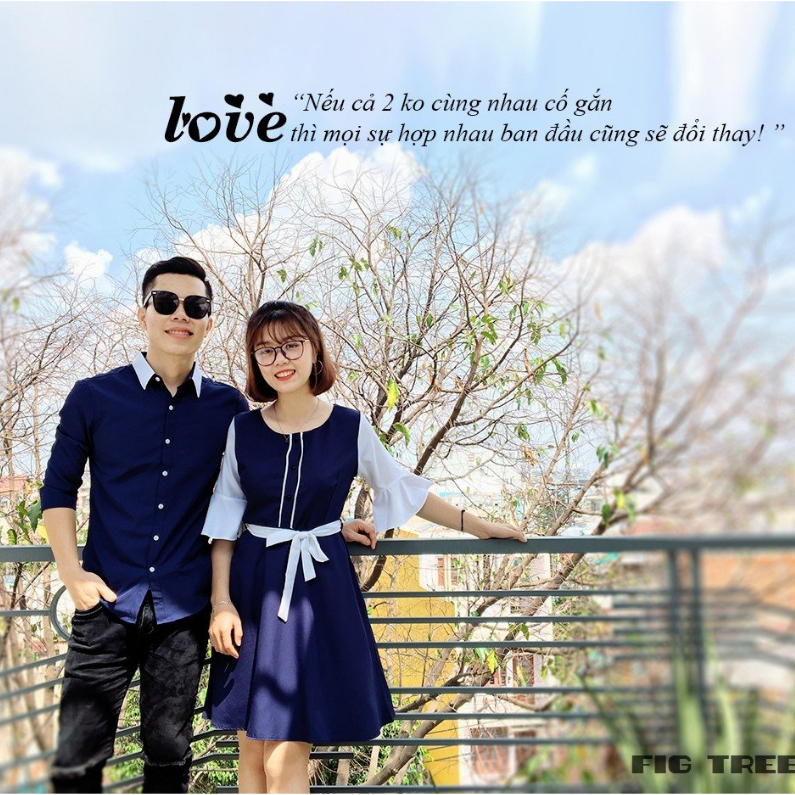 Set Sơ Mi Váy Đôi Fig Tree Màu Xanh Đen Phối Trắng Siêu Dễ Thương