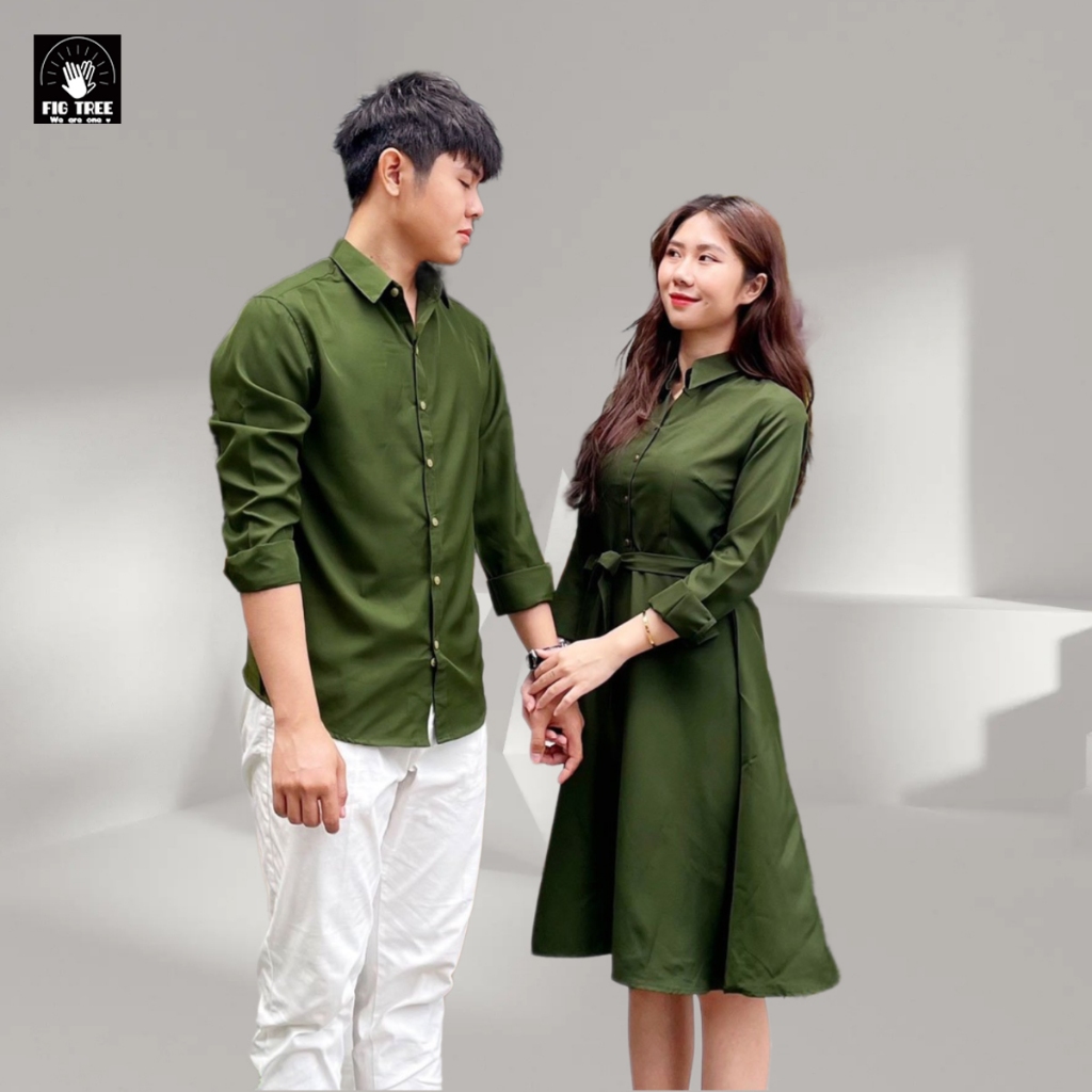 Set Sơ Mi Váy Đôi Fig Tree Màu Xanh Olive Kèm Feedback Siêu Xịn