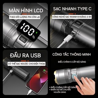 Đèn pin cao cấp HT-03 siêu sáng đa năng - Pin trâu - công nghệ sạc nhanh type c - 2 chip led trắng và vàng