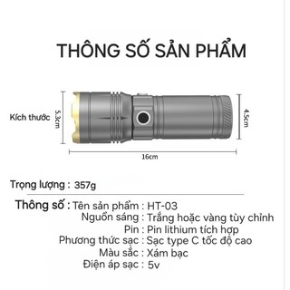 Đèn pin cao cấp HT-03 siêu sáng đa năng - Pin trâu - công nghệ sạc nhanh type c - 2 chip led trắng và vàng