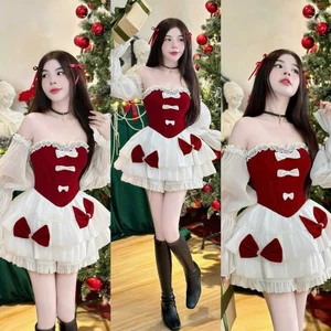 Đầm nữ cúp ngực, trễ vai tay dài chất Nhung phối voan đính nơ mặc Giáng Sinh điệu đà, nữ tính