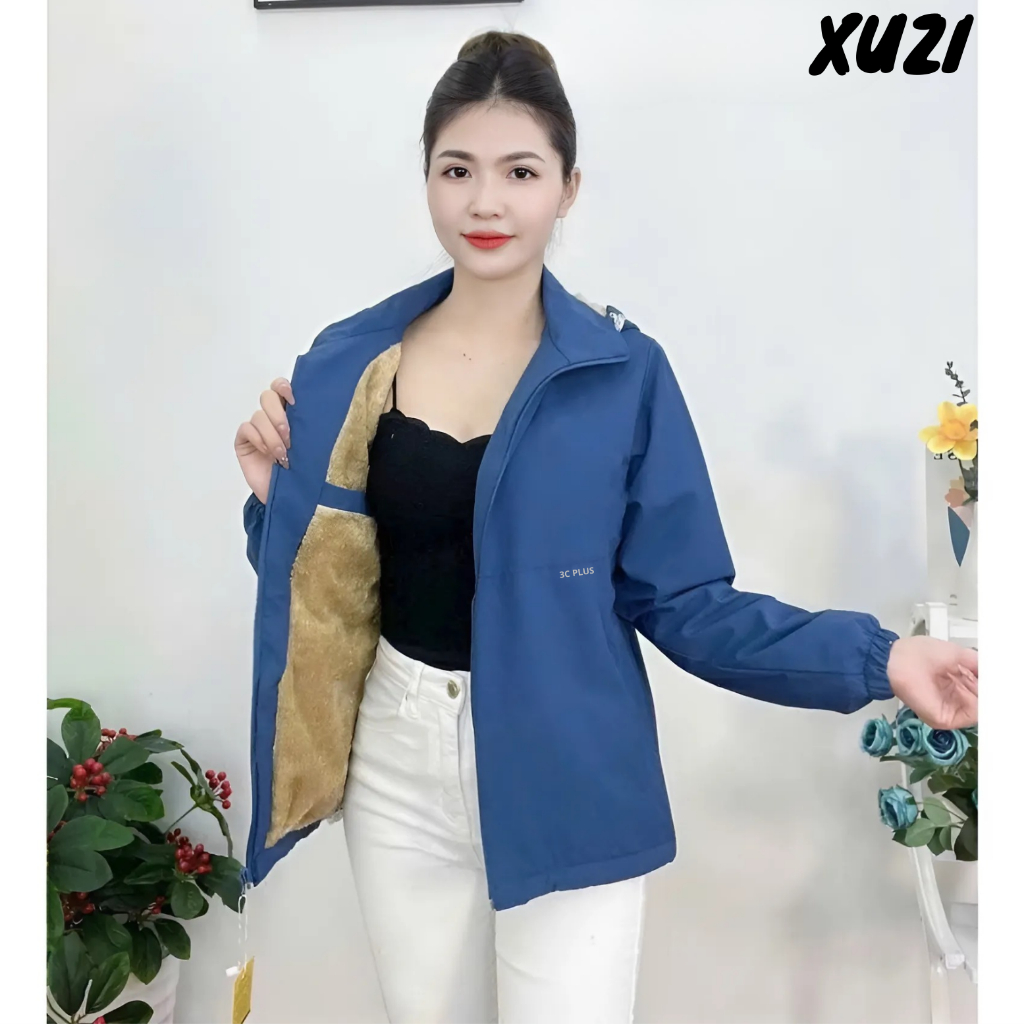 áo khoác gió nữ lót lông 3C plus áo gió dù lót lông nữ dày dặn vải gió tráng bạc kháng nước giữ ấm cơ thể mùa đông XUZI.