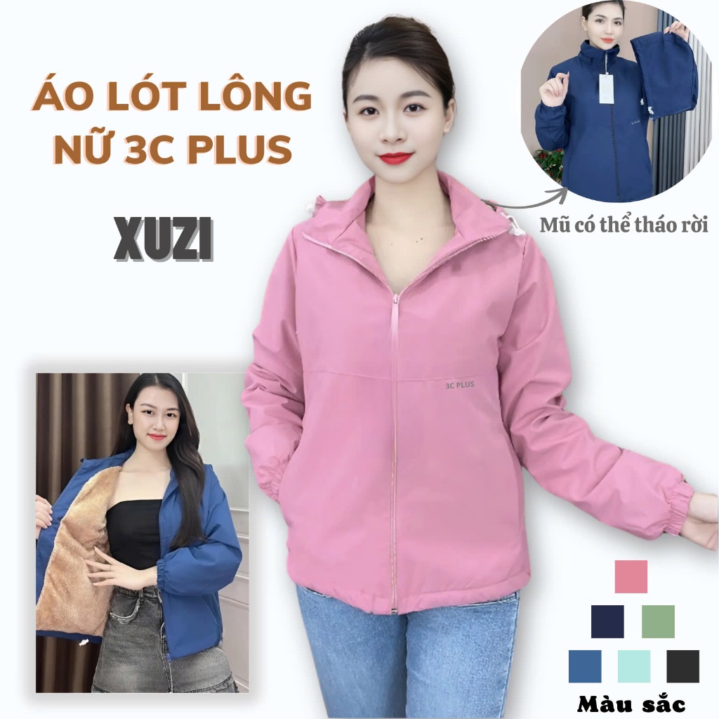 áo khoác gió nữ lót lông 3C plus áo gió dù lót lông nữ dày dặn vải gió tráng bạc kháng nước giữ ấm cơ thể mùa đông XUZI.