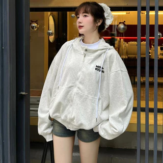 Áo khoác hoodie zip BOXY Mon Studio có nút bấm, dập nổi, in nổi ,có túi trong UNISEX NAM NỮ 2025