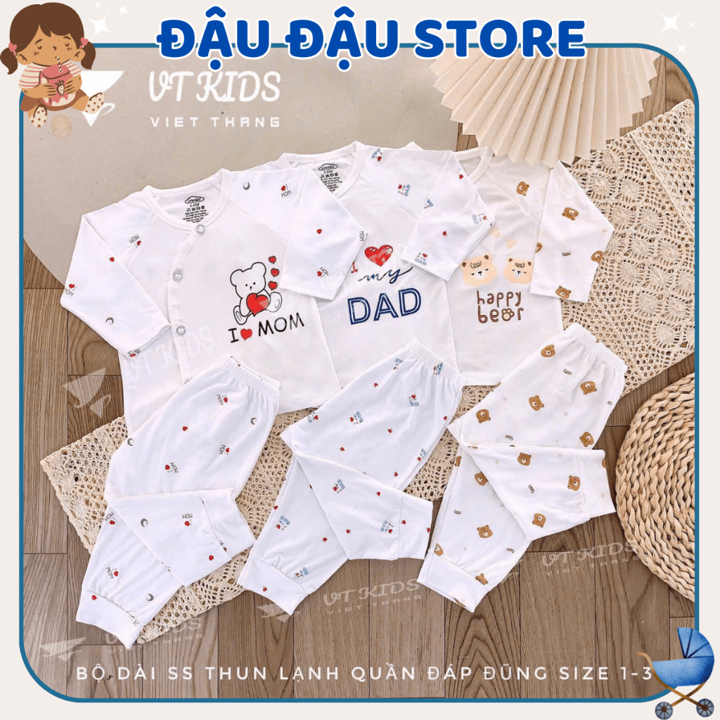 Set 3 Bộ dài tay chất thun lạnh VT cho bé sơ sinh mềm mịn thoáng in họa tiết đơn giản 3-9kg DL09 Đậu Đậu Store