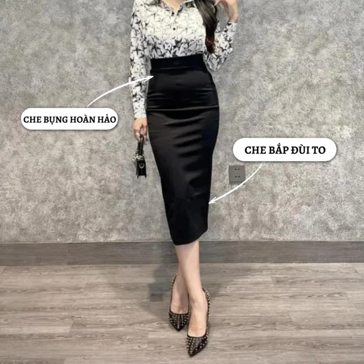 Chân Váy Bút Chì Dáng Dài Chân Váy Công Sở Cạp Cao Màu Đen Vải Umi Dày Co Giãn 4 Chiều Hack Dáng CV042
