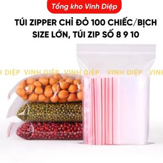 Túi Zipper Chỉ Đỏ 100 Chiếc/Bịch Size Lớn Số 8/9/10 - Kín Khí Khóa Bấm, Đựng Quần Áo/Linh Kiện