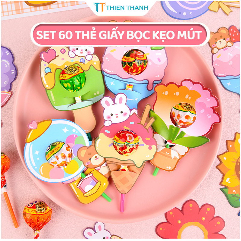 Set 60 Thẻ Giấy Cài Kẹo Mút In 2 Mặt Họa Tiết Hoạt Hình Dễ Thương, Giấy Cài Kẹo Mút Quà Tặng Cho Bé
