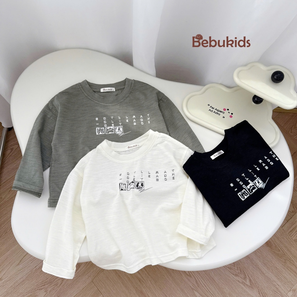 Áo thu đông bé gái, bé trai basic hoạ tiết chữ cute, chất cotton mềm mịn co giãn, bé mặc đi học đi chơi Miniumbaby A2138